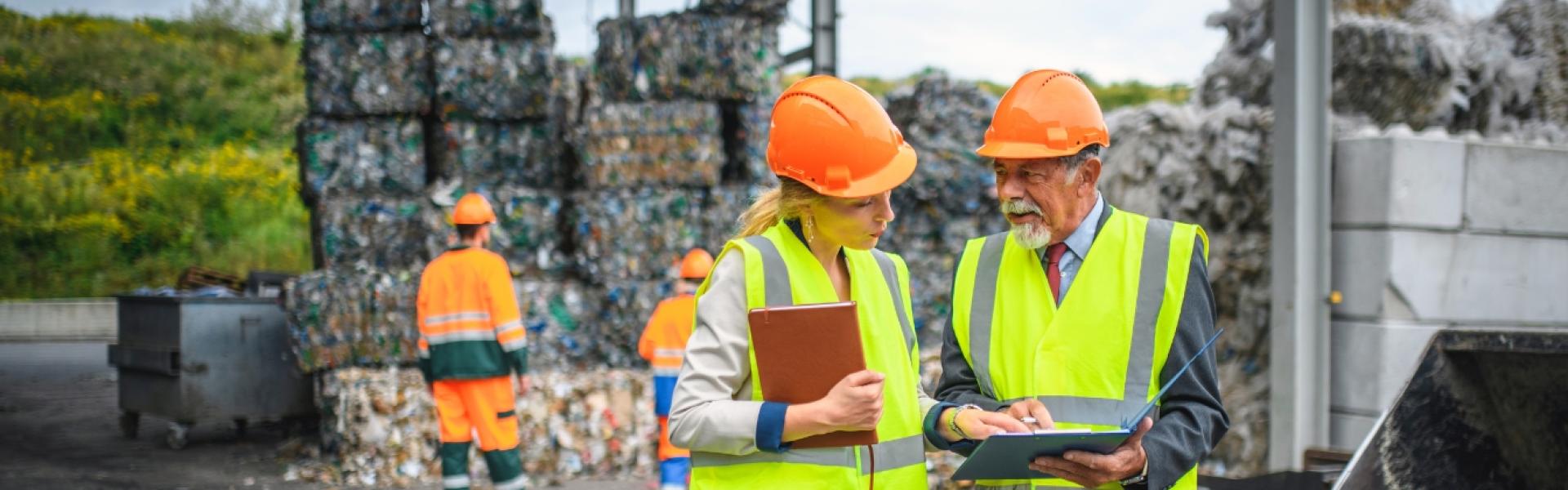 officials in hard hats looking over checklists at waste management facility