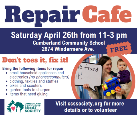 Repair cafe event Saturday April 26 Cumberland